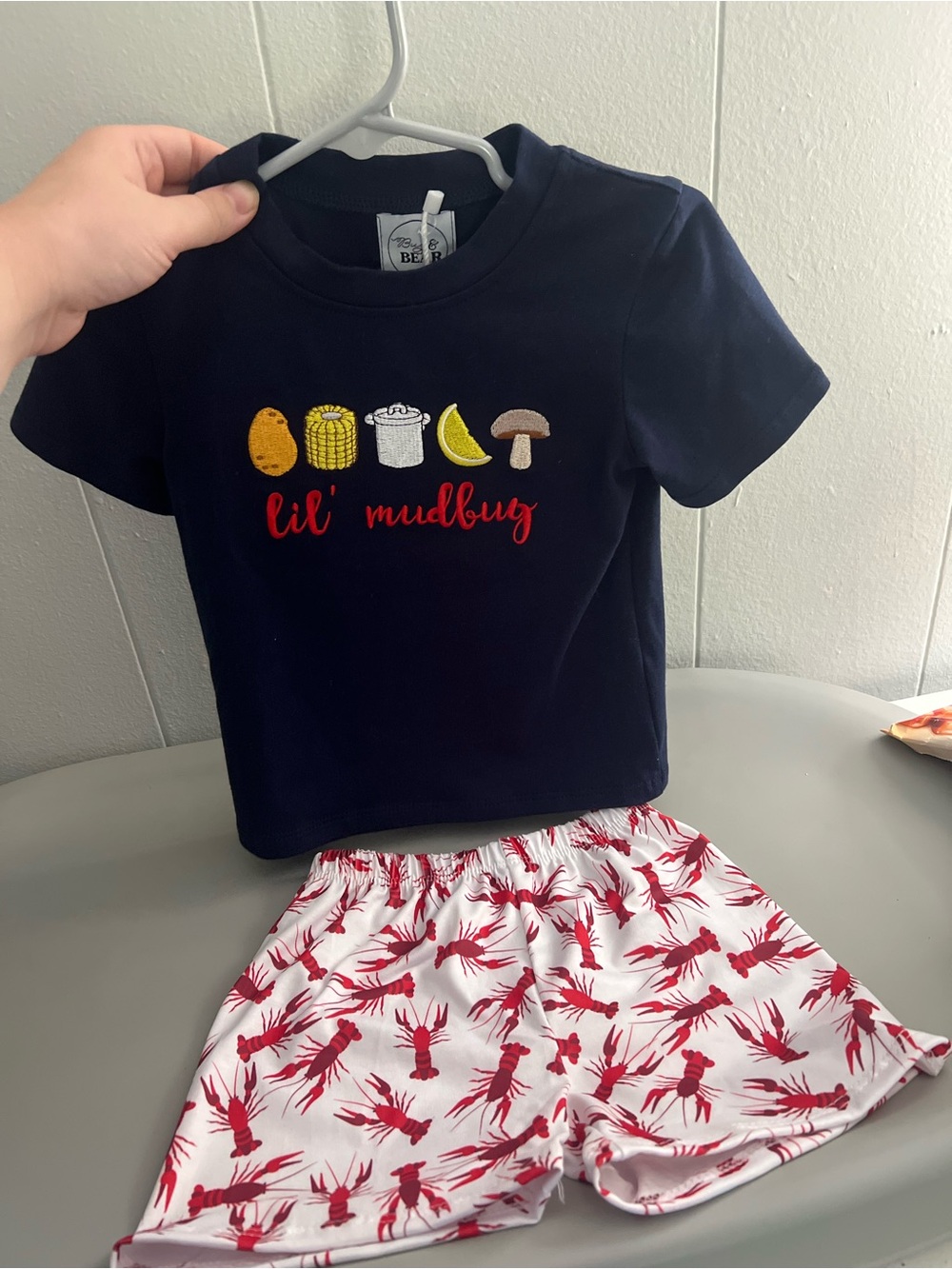 Lil Mudbug Navy Tee & White Red Crawfish Shorts Kids Matching Set